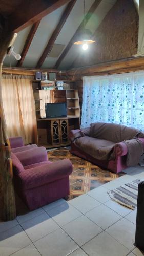 a living room with a couch and a tv at Cabaña Los Nietos in Futaleufú
