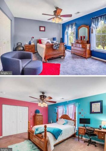 two pictures of a bedroom with blue and pink at PEACE HOME(EVENTS ALLOWED) in Hughesville