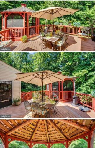 two pictures of a deck with a table and an umbrella at PEACE HOME(EVENTS ALLOWED) in Hughesville