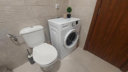 łazienka z toaletą i pralką w obiekcie Apartman Veljković Zapadni Kej w mieście Pirot