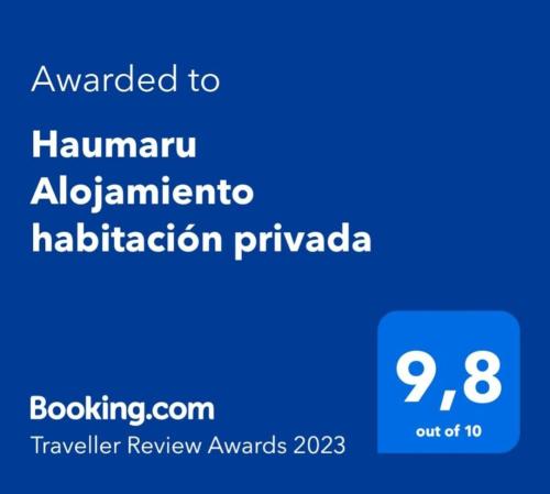 Certifikát, ocenenie alebo iný dokument vystavený v ubytovaní Haumaru Alojamiento habitación privada