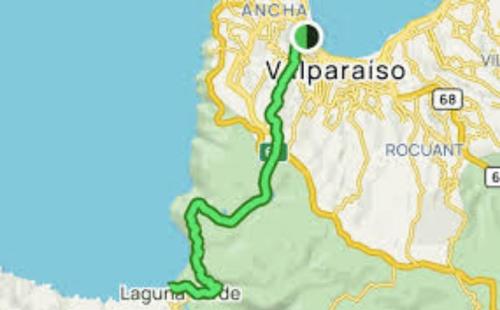 a map with a green line on it at Hostal Terukita in Valparaíso