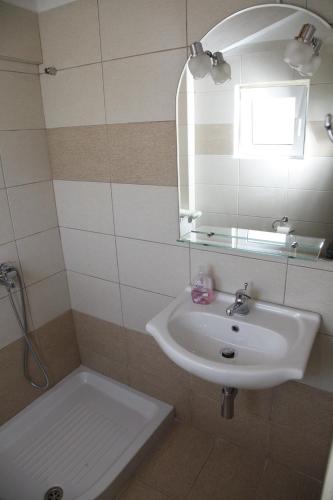 a bathroom with a sink and a mirror at Ramona in Lourdhata