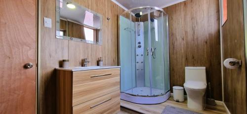 uma casa de banho com um chuveiro e um lavatório. em HOSTAL SyR Calama em Calama