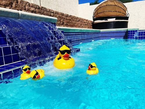 Tres patos de goma nadando en una piscina en J’s amazing pool and hot Jaccuzi sweet house, en Las Vegas