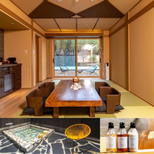 a living room with a table and chairs and a window at Kagetsu Taisyokan in Takeo