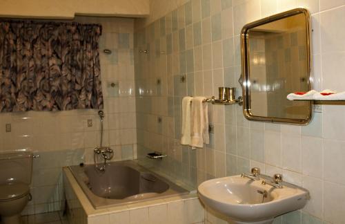 La salle de bains est pourvue d'un lavabo, d'une baignoire et d'un miroir. dans l'établissement Four Villages Inn, à Kumasi