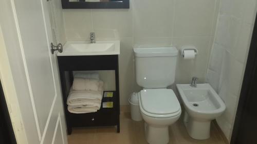 a small bathroom with a toilet and a sink at Hotel Cueva de las Manos in Perito Moreno
