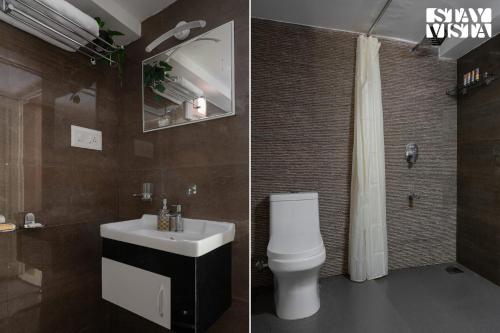 two pictures of a bathroom with a toilet and a sink at StayVista at Nature Nook with Pvt Pool & Terrace Access in Trichūr