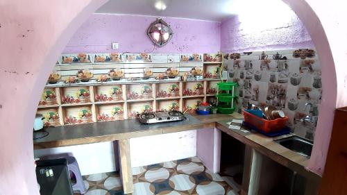 a kitchen with a counter and shelves of stuffed animals at HIMALAYAN AAMA APARTMENT in Pokhara