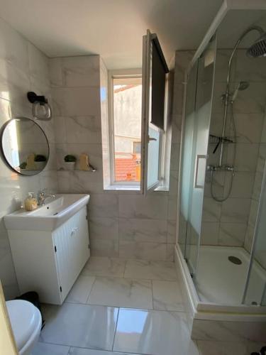 een badkamer met een douche, een wastafel en een spiegel bij Studio Marseille centre in Marseille