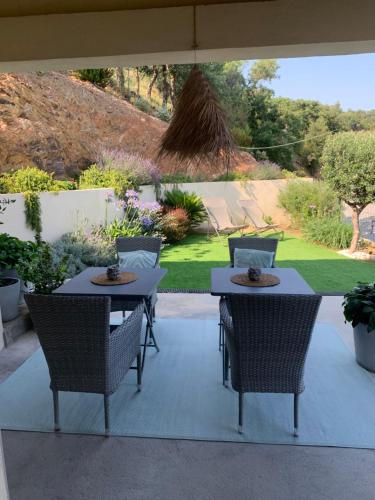 un patio avec deux tables et des chaises ainsi qu'un jardin dans l'établissement Suite dans un petit paradis, à La Londe-les-Maures
