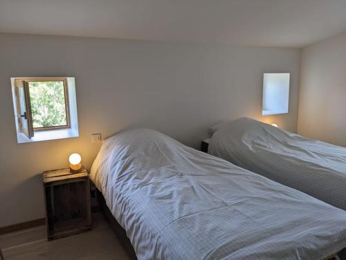una camera con due letti e una finestra di Maison de Vacances L'Etable a Saint-Just-près-Brioude