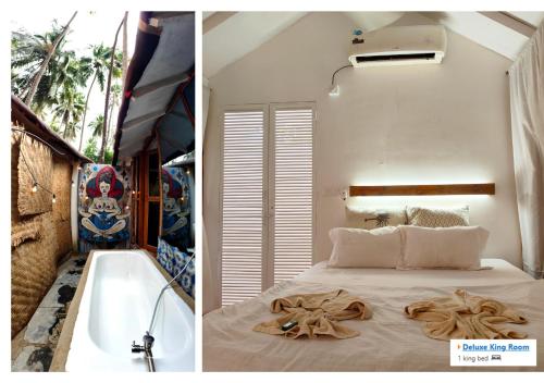 een slaapkamer met een bed en een bad bij Palolem Hideout in Canacona