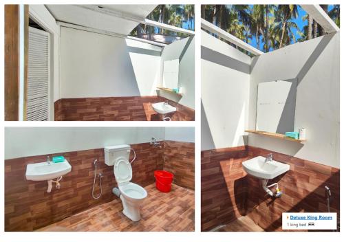 drie foto's van een badkamer met toilet en wastafel bij Palolem Hideout in Canacona