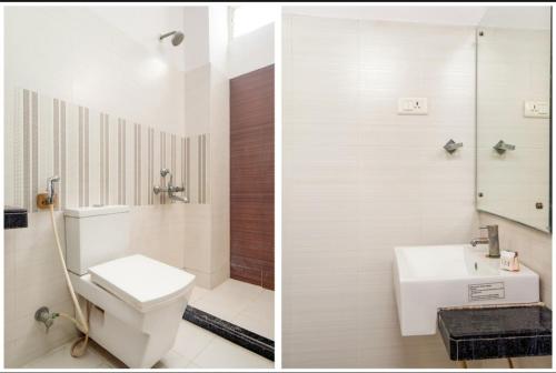 two pictures of a bathroom with a toilet and a sink at Hotel M in Vijayawāda