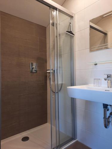 a shower with a glass door next to a sink at Altböckhof in Schlitters