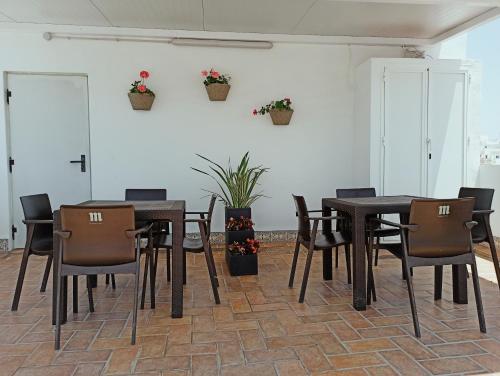 コニル・デ・ラ・フロンテーラにあるApartamento Sebastián Solo Familiasのテーブルと椅子、鉢植えの植物が備わる部屋