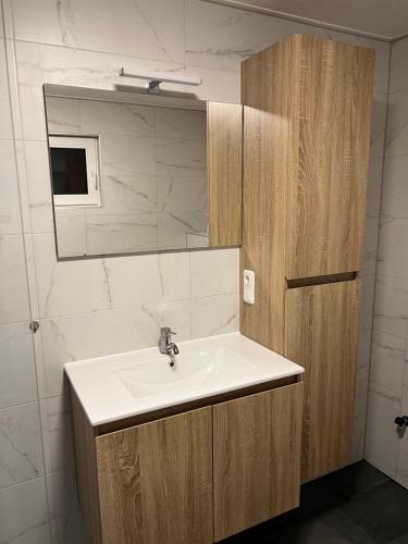 a bathroom with a sink and a mirror at Boerenkiel Vakantiehuisjes in De Kiel