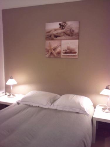 een slaapkamer met een bed met 2 tafels en 2 lampen bij Studio Brest Centre ville Jean Jaurès in Brest