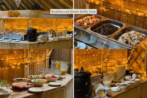 eine Collage mit Bildern eines Buffets mit Speisen in der Unterkunft Glamping Tago in Khulo