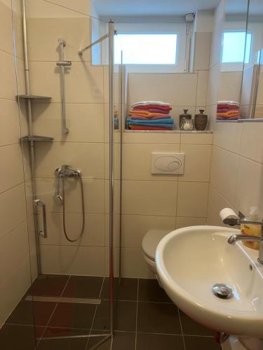 uma casa de banho com um chuveiro, um WC e um lavatório. em Gemütlich em Essen