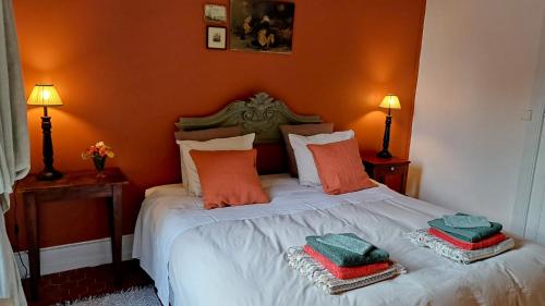 a bedroom with a bed with two pillows on it at Le Manivert in Vitry-Laché