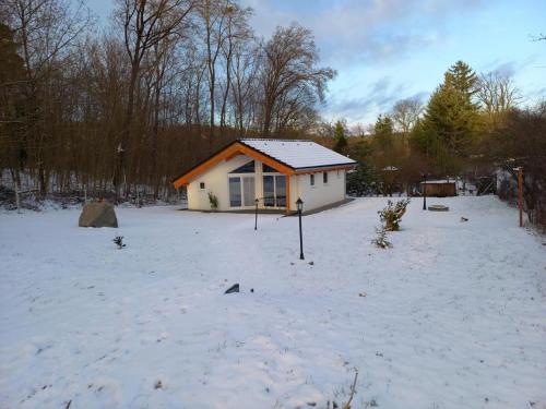 a small house in the snow in a yard at NEU! Ferienhaus am See in Prötzel