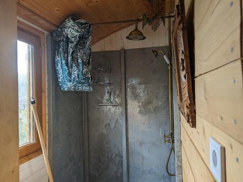 um chuveiro numa casa de banho com uma parede em roulotte à la mauvaise herbe em Barjols