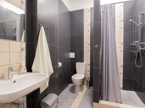 a bathroom with a sink and a toilet and a shower at Laima V. Apartments in Riga