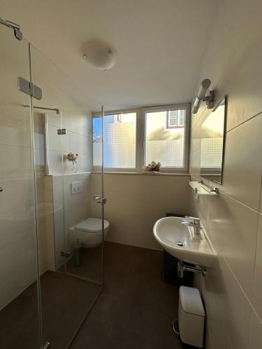 a bathroom with a toilet and a sink and a shower at THE VIEW - Modern Panorama Residence in Bad Ischl