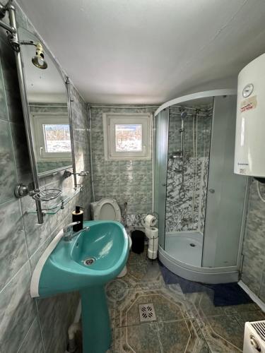 W łazience znajduje się niebieska umywalka i prysznic. w obiekcie Pensiunea Stefan w mieście Durău