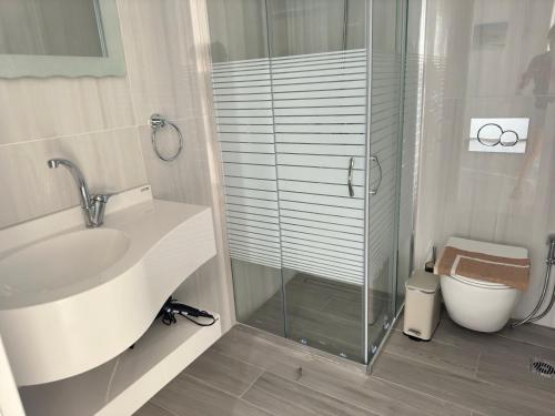 een badkamer met een douche, een wastafel en een toilet bij COSMOS Studios Iraklia in Áyios Yeóryios