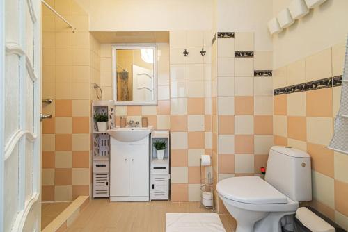 La salle de bains est pourvue de toilettes et d'un lavabo. dans l'établissement Spacious Apartment with Great Location/URBAN RENT, à Vilnius