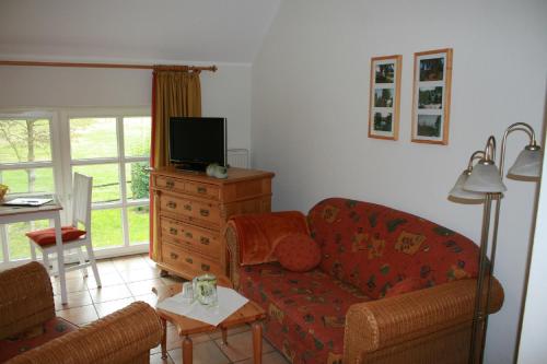 uma sala de estar com um sofá e uma televisão em Landhaus am Esch em Warendorf