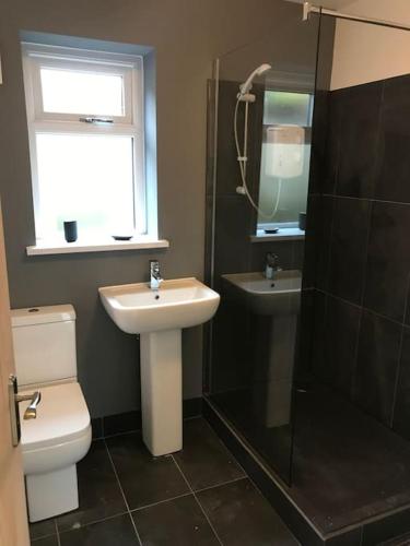 a bathroom with a toilet and a sink and a shower at Springwood farm in Kirkhamgate
