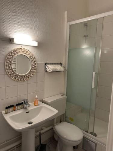 une salle de bain avec un lavabo, des toilettes et un miroir dans l'établissement Charmant appartement de 38m² -Quartier Latin, à Paris