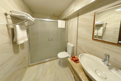 La salle de bains est pourvue de toilettes, d'un lavabo et d'un miroir. dans l'établissement La Boutique Atlantik Hotel, à Tekirdağ