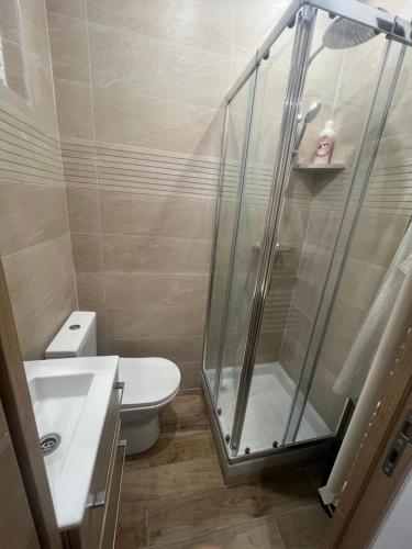 une salle de bain avec une douche, des toilettes et un lavabo dans l'établissement studio neuf rue de saint denis (colombes), à Colombes