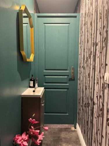 a bathroom with a green door and a sink at Logement de Ville 4 chambres proche de Lille in Tourcoing