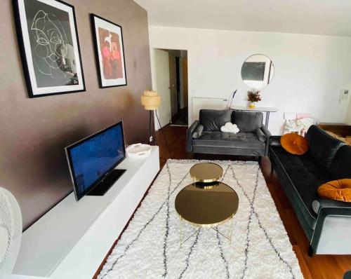 un salon avec un canapé et une télévision dans l'établissement Appartement 80m2, terrasse sud, metro 7 direction Louvre à 8minutes, parking sous-sol, proche Paris-Bercy, à Ivry-sur-Seine