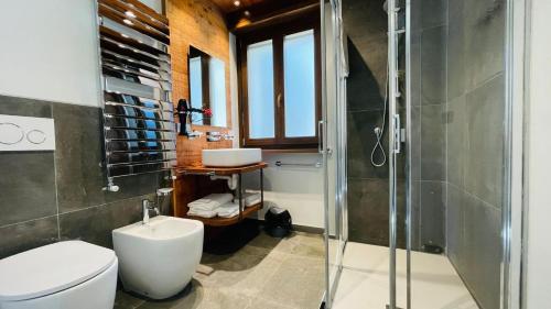 e bagno con doccia, servizi igienici e lavandino. di Residence Villa Linda a Bardonecchia