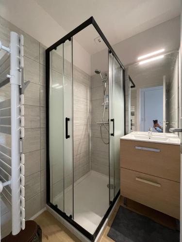 une douche en verre dans une salle de bain avec un lavabo dans l'établissement Meublé de Tourisme dans parc arboré 1000m2 - Sejour-la-Roche Eperon, à La Roche-Posay