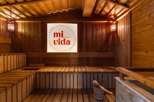 a sauna at a restaurant with a miiida sign at Wander- und Wellnesshotel Kanzler in Bad Mitterndorf