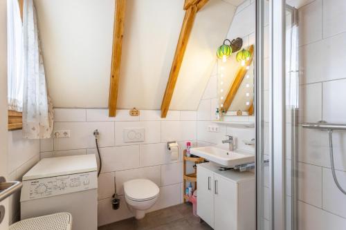 La petite salle de bains est pourvue de toilettes et d'un lavabo. dans l'établissement Ferienhaus Moritz, à Siegsdorf