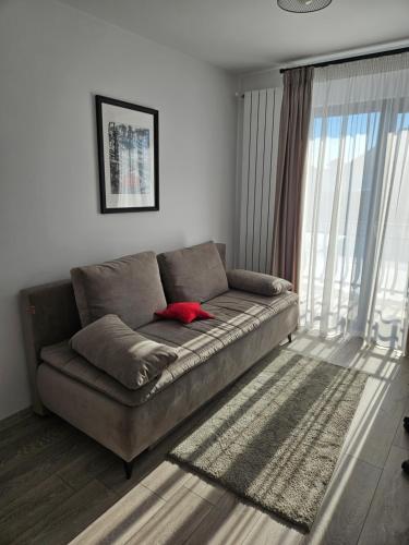 un sofá en una sala de estar con una gran ventana en Pensiunea Alina, en Tărlungeni