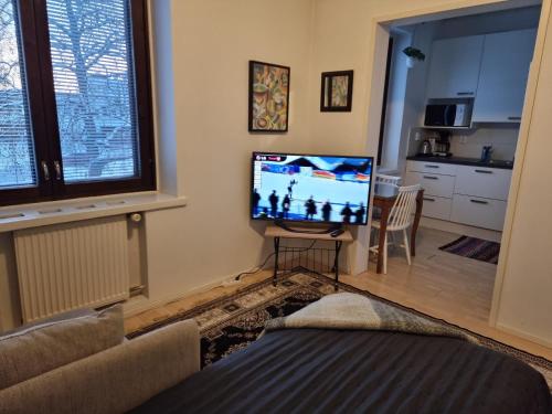 a living room with a flat screen tv in the corner at Studio Porin Karhu, home away home in Pori city center, free parking in Pori
