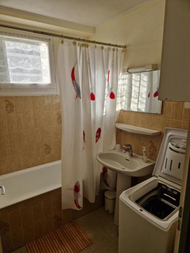 La salle de bains est pourvue d'un lavabo et d'un rideau de douche avec du poisson. dans l'établissement Appartement Amélie les Bains au pied des THERMES, à Amélie-les-Bains-Palalda