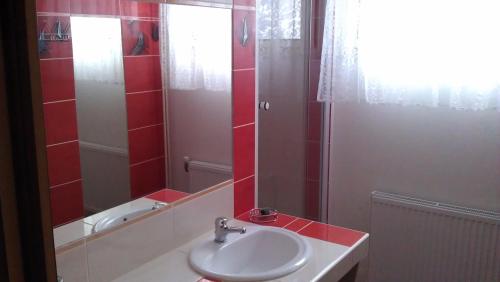 La salle de bains est pourvue d'un lavabo et d'un miroir. dans l'établissement Hotel Koliba, à Vrbno pod Pradědem