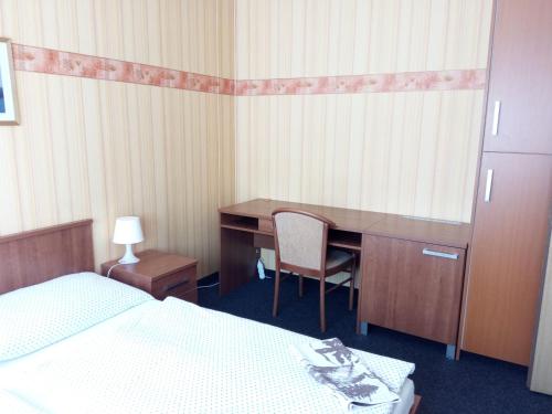 a bedroom with a desk and a bed and a desk and a chair at Hotel Koliba in Vrbno pod Pradědem
